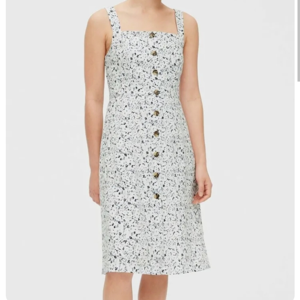 Gap White gray and black floral print dress wide straps squared neck apron